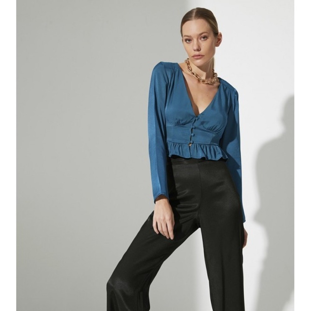 I.‎ Madeline Black Satin Corset Lace-Up Peplum Blouse Sheer Lace Long Sleeve